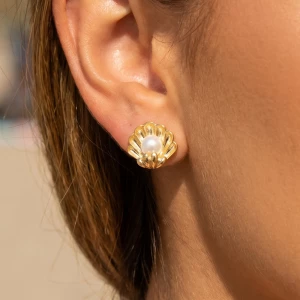 Pearl Center Scallop Shell Stud Earrings