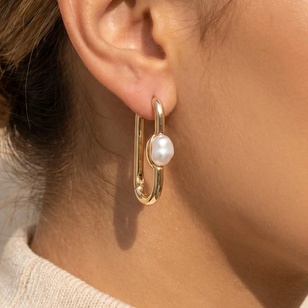 Pearl Stud Long Oval Hoop Earrings