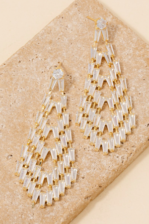 Glass Baguette Pave Tear Dangle Earrings