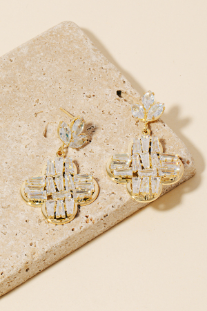 Cubic Zirconia Baguette Clover Charm Dangle Earrings