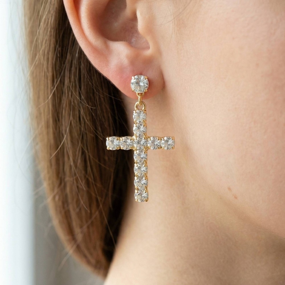 Cubic Zirconia Square Pave Cross Dangle Earrings