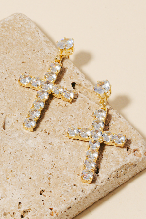 Cubic Zirconia Square Pave Cross Dangle Earrings