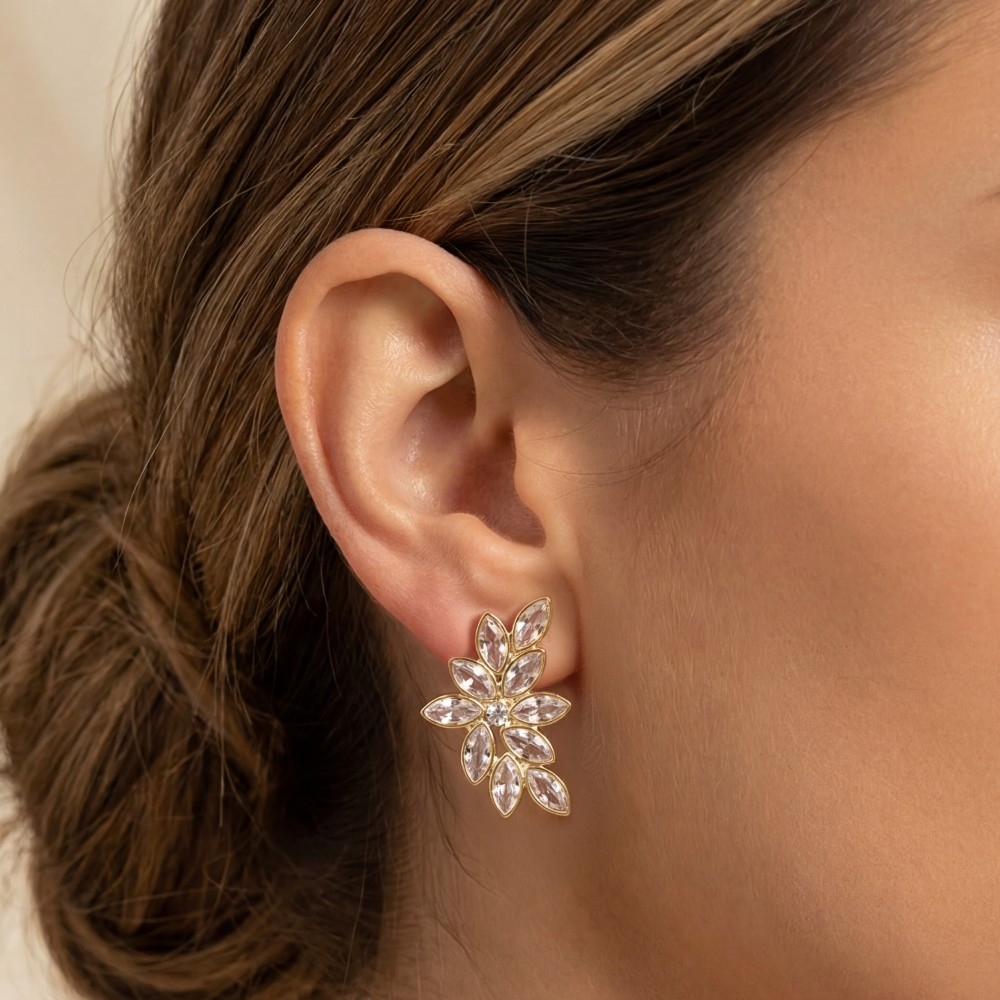 Faceted Oval Cz Fern Cluster Stud Drop Earrings