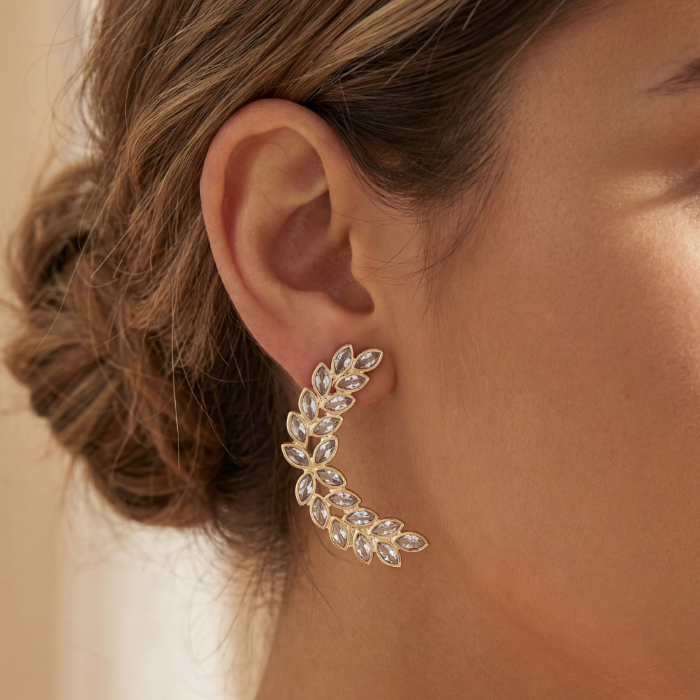 Faceted Oval Cz Fern Branch Stud Drop Earrings