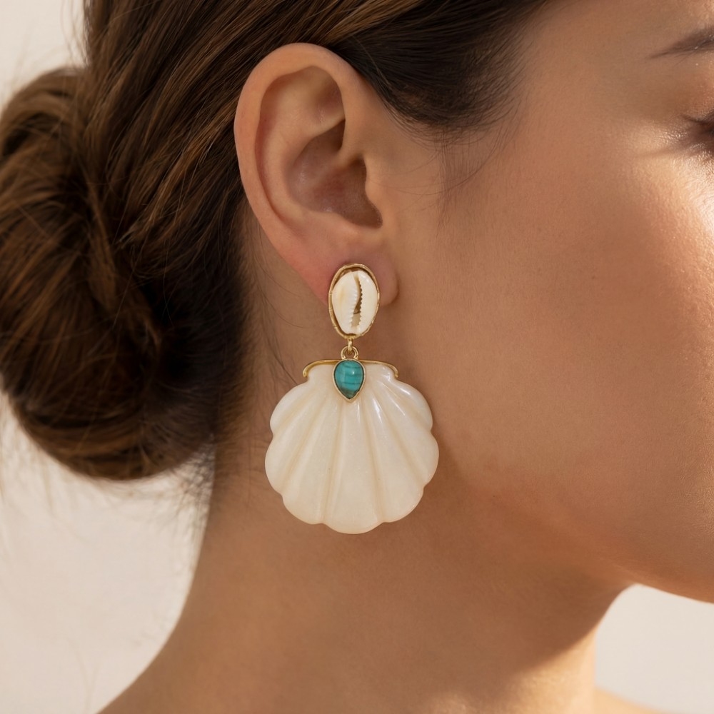 Cowrie And Sea Shell Stud Dangle Earrings