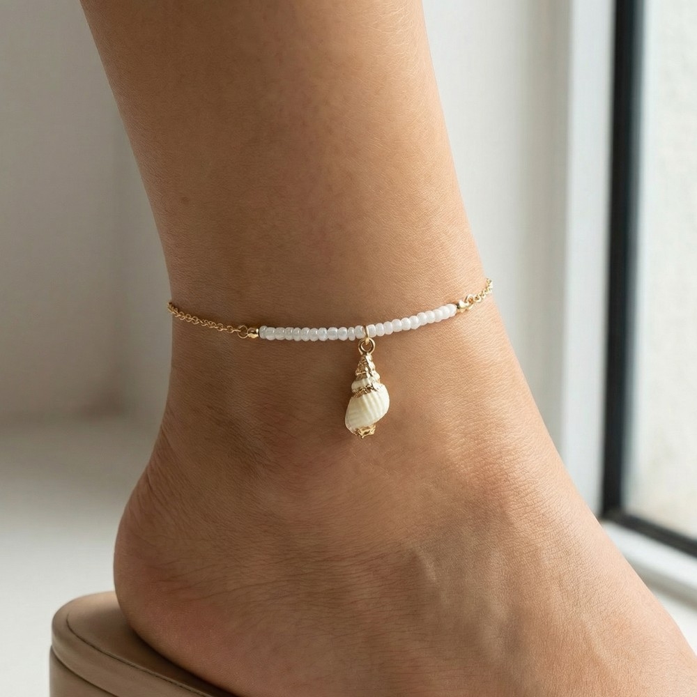 Sea Shell Charm Pearl Beaded And Chain Anklet