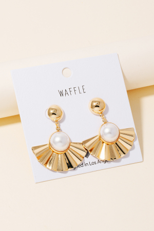 Pearl Stud Metallic Fan Dangle Earrings