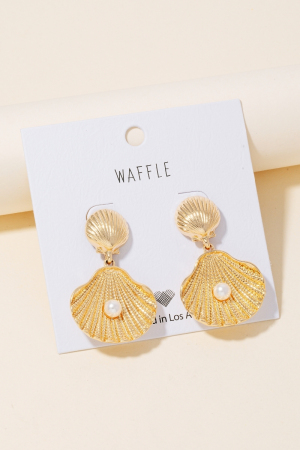 Pearl Stud Double Clam Dangle Earrings