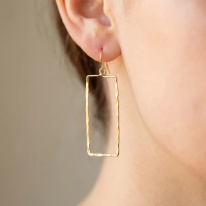 Gold Dipped Hammered Rectangular Frame Drop Earrings