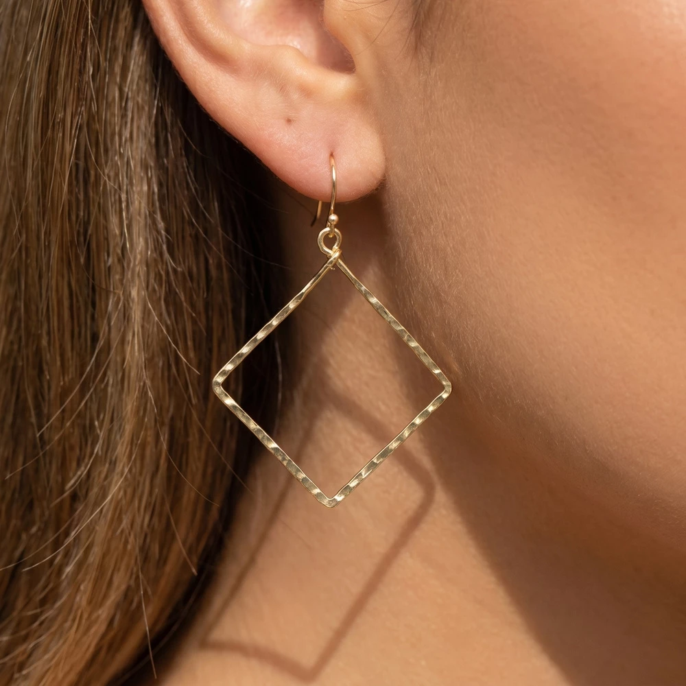 Gold Dipped Hammered Open Square Drop Earrings