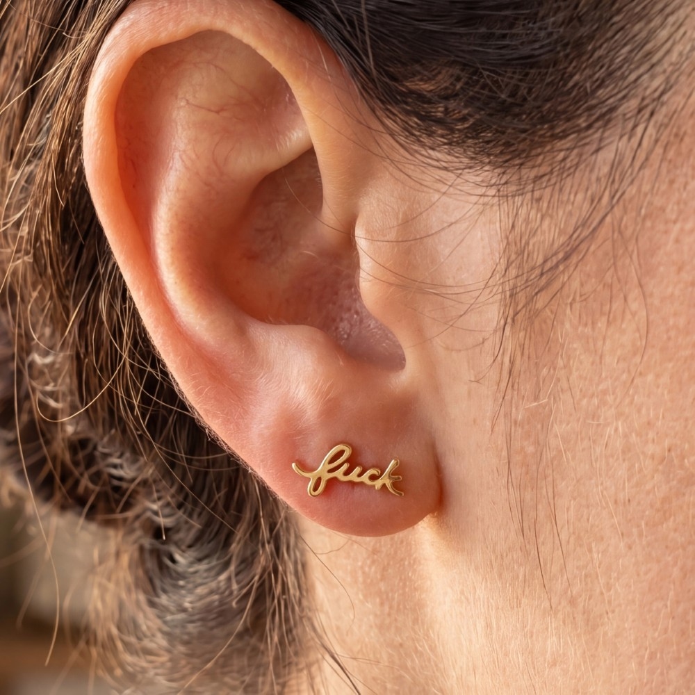 Gold Dipped Handwritten Fuck Print Earrings