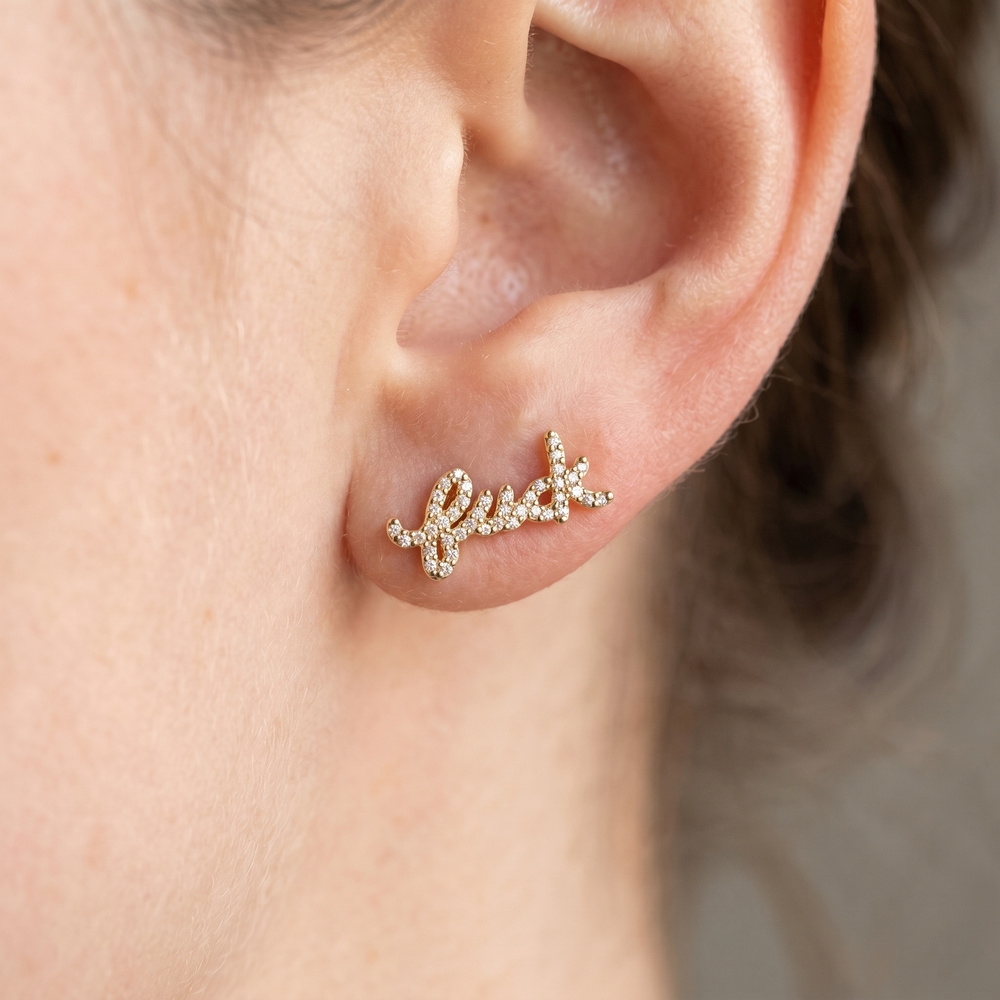 Gold Dipped Cz Pave Cursive Script Stud Earrings