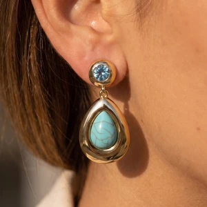 Turquoise Stone Teardrop Crystal Drop Earrings