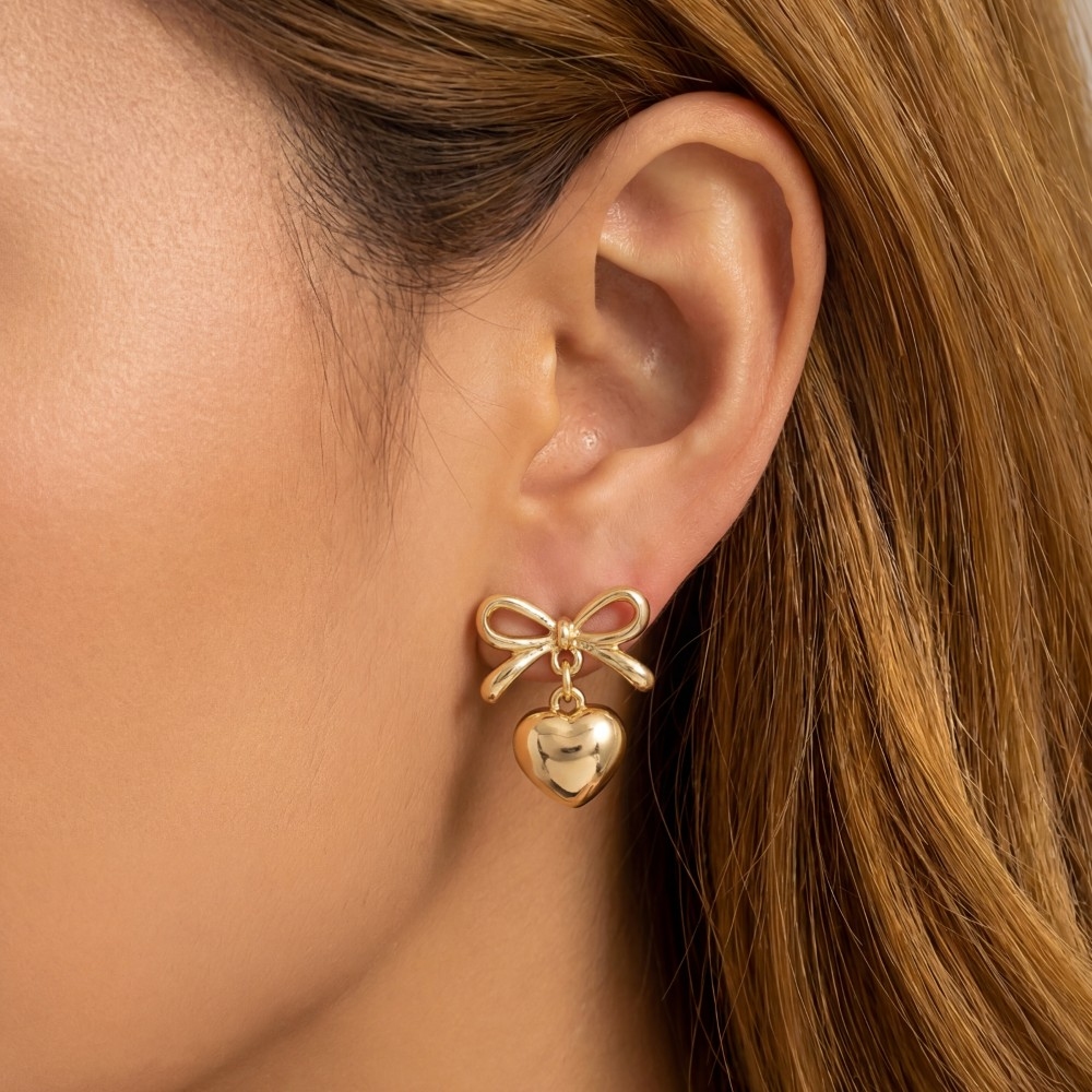 Metallic Ribbon Bow Heart Drop Earrings