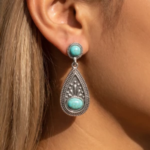 Turquoise Stud Engraved Teardrop Drop Earrings