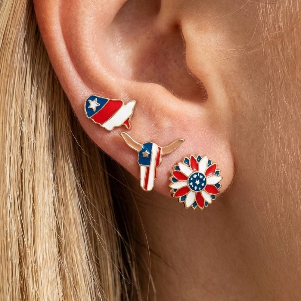 Patriotic Western Theme Stud Earrings Set