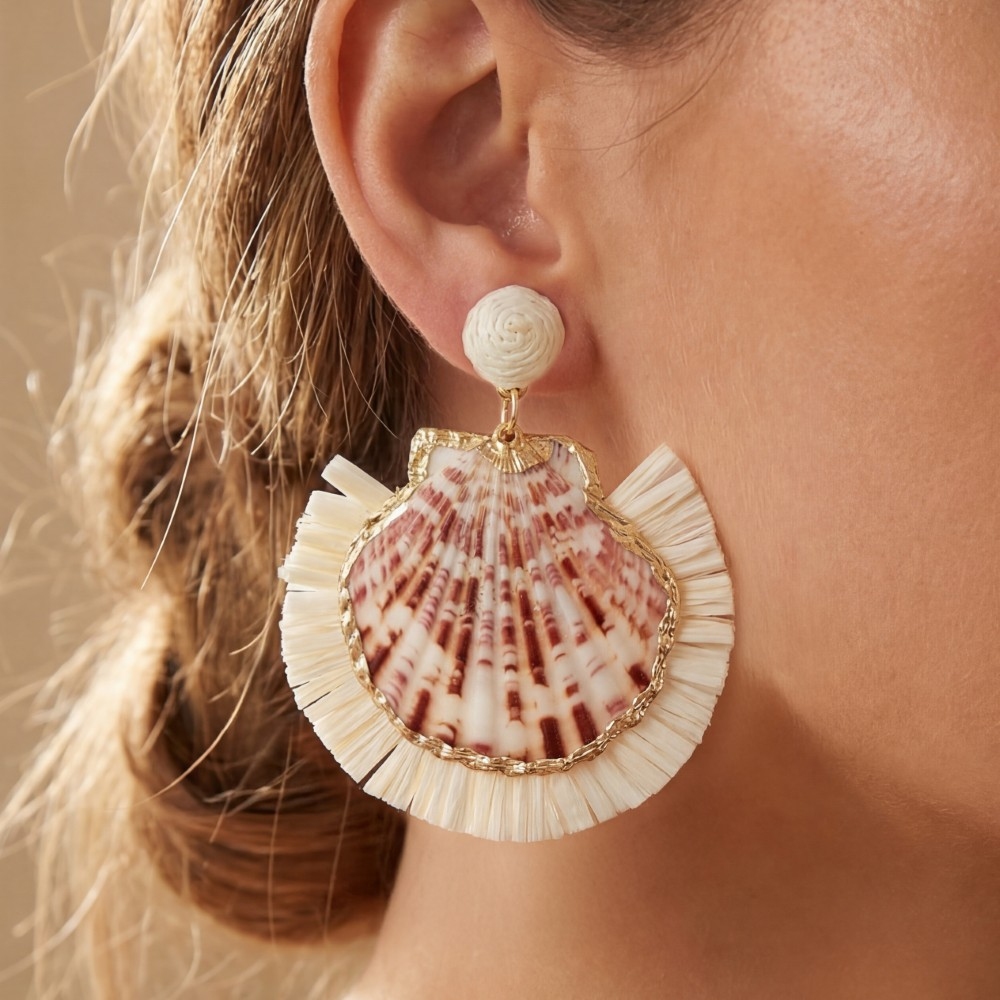 Sea Shell And Fridge Stud Dangle Earrings