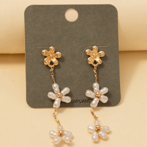 Pearl Beaded Flower Chain Dangle Earrings
