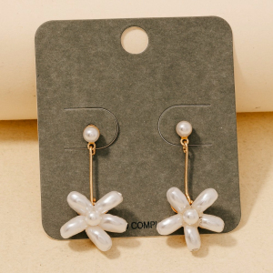 Pearl Beaded Flower Charm Bar Dangle Earrings