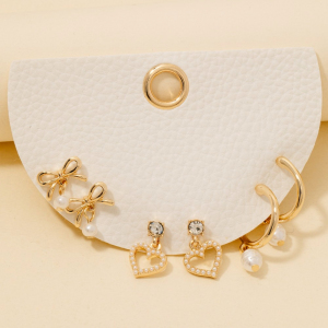 Pearl Pave Heart Bow And Charms Mixed Earrings Set