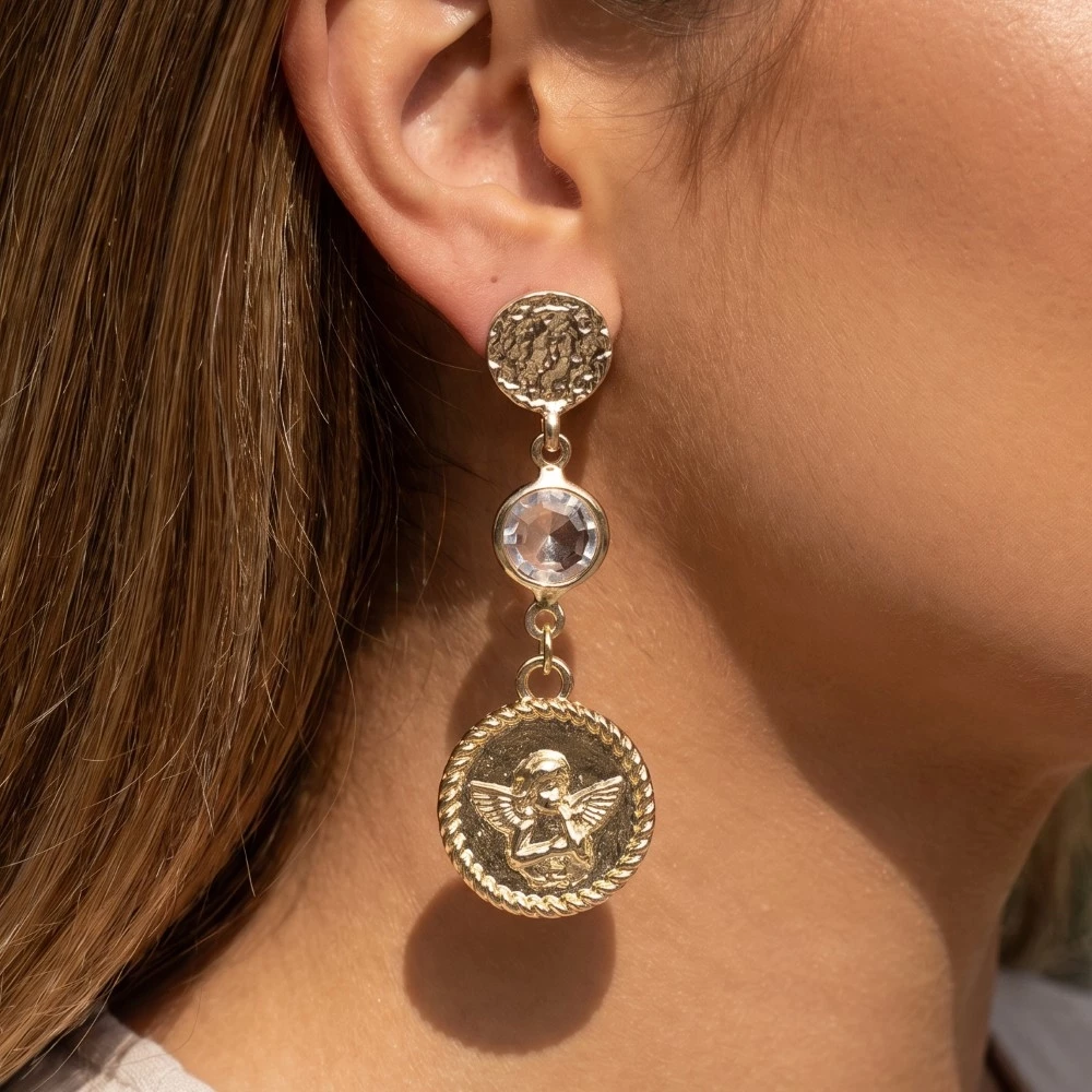 Cherub Coin And Gem Link Dangle Earrings
