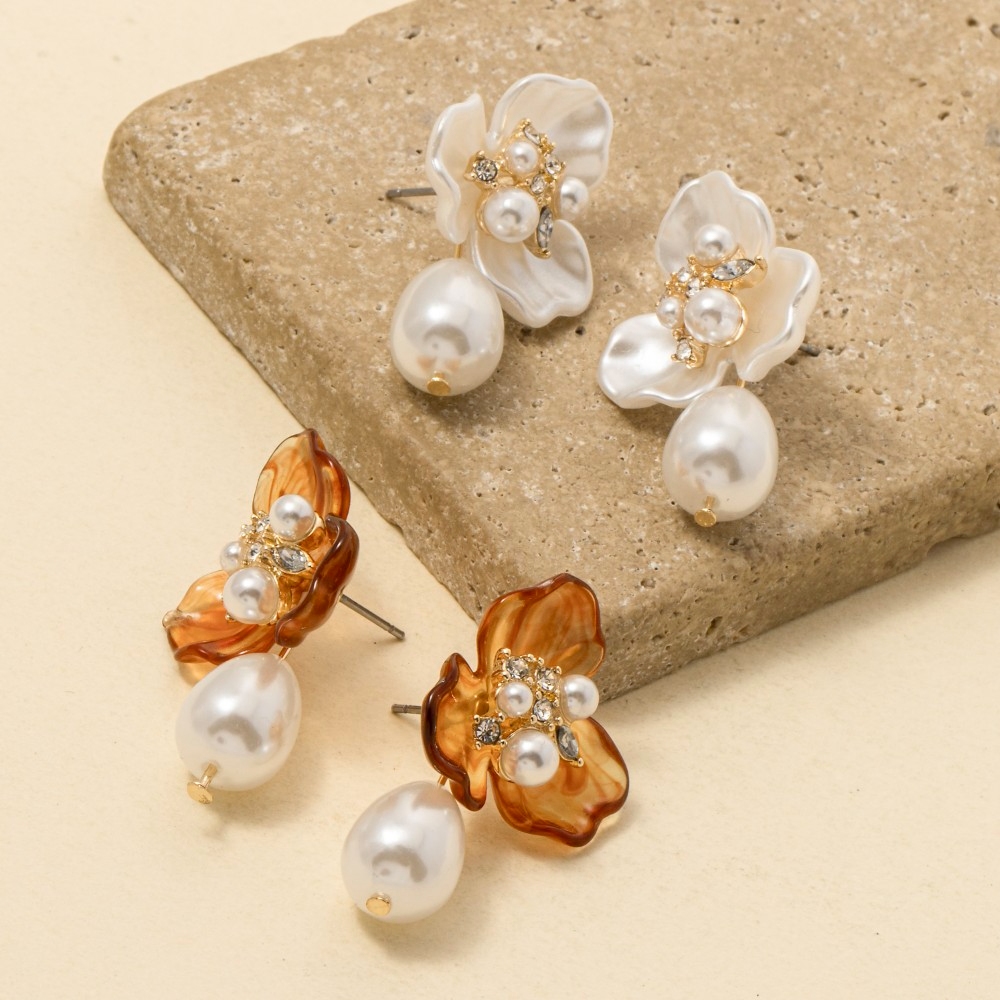 Acrylic Flower Pearl Drop Earrings