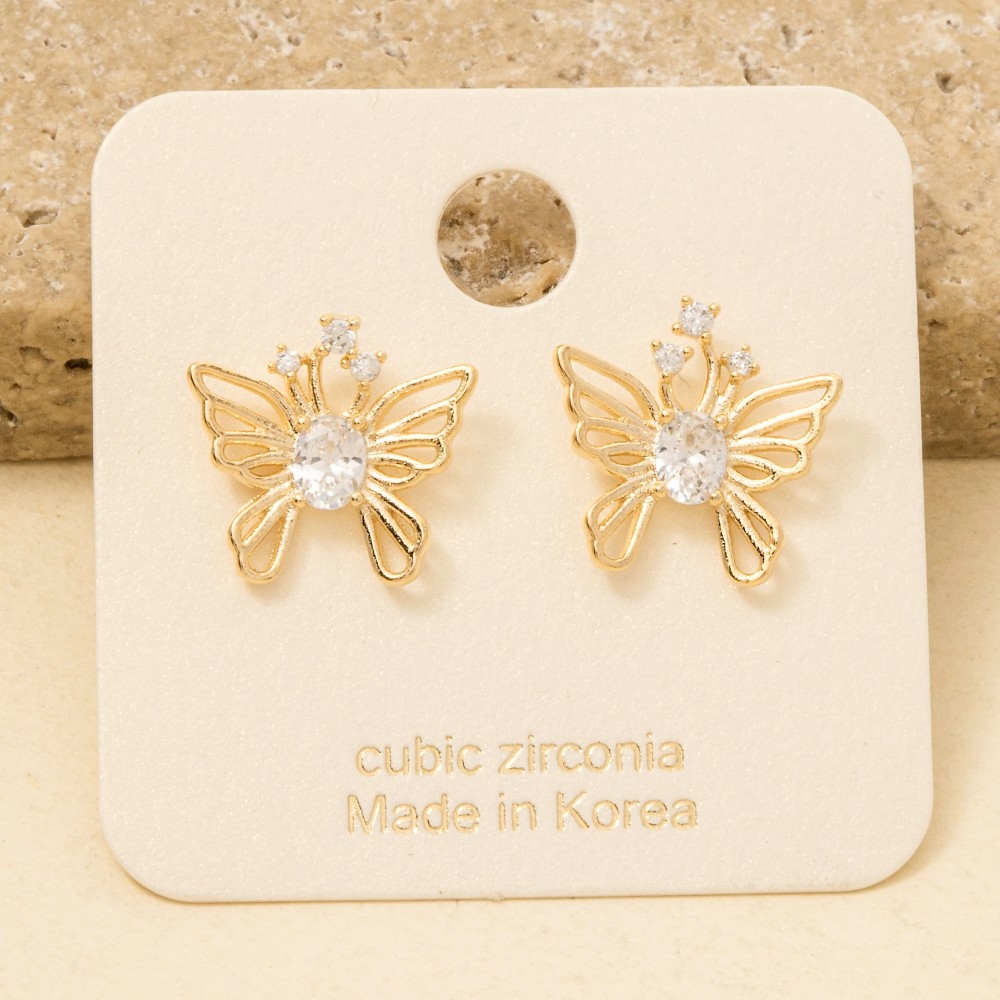 Gold Dipped Cz Butterfly Stud Earrings