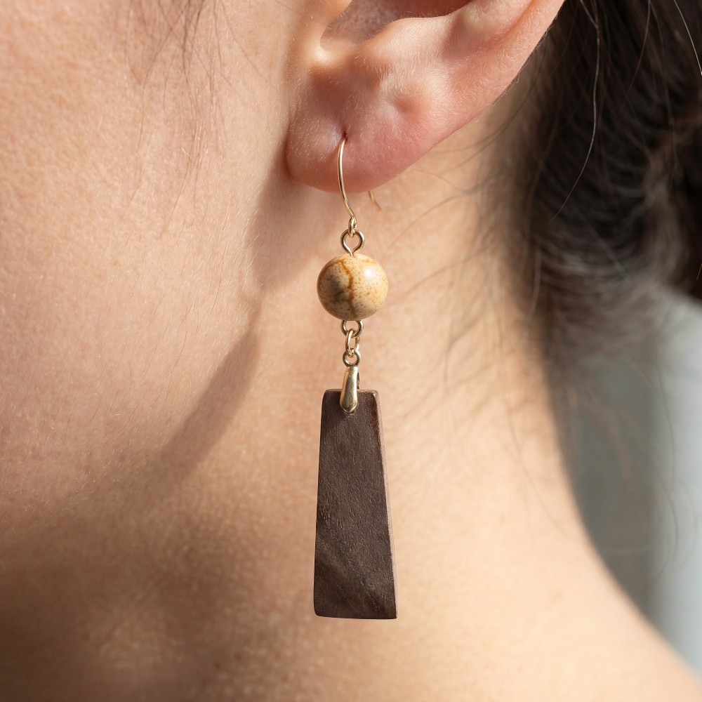 Wood Rectangle And Coral Bead Dangle Earrings