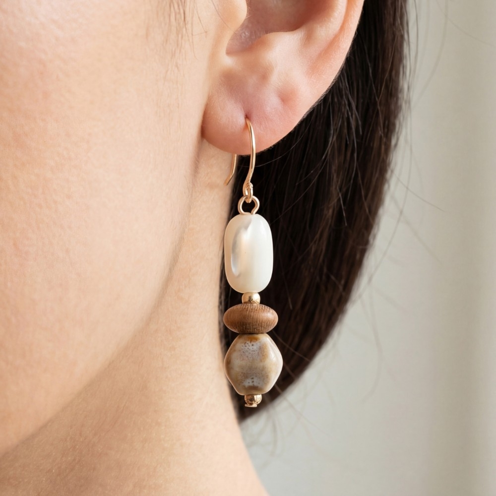 Ceramic Wood And Sea Shell Beads Dangle Earrings