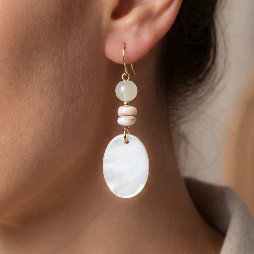 Oval Sea Shell And Beads Dangle Earrings