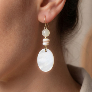 Oval Sea Shell And Beads Dangle Earrings