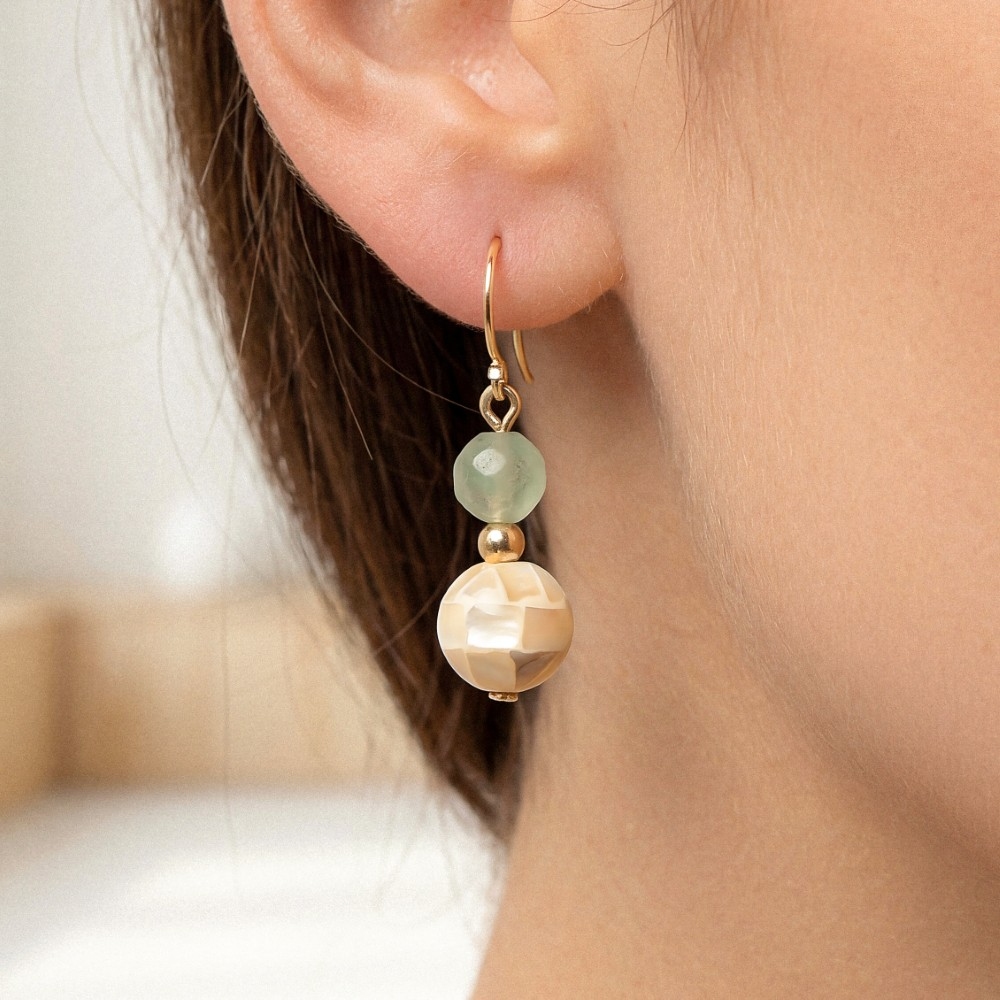 Sea Shell Ball And Faceted Gem Bead Dangle Earrings