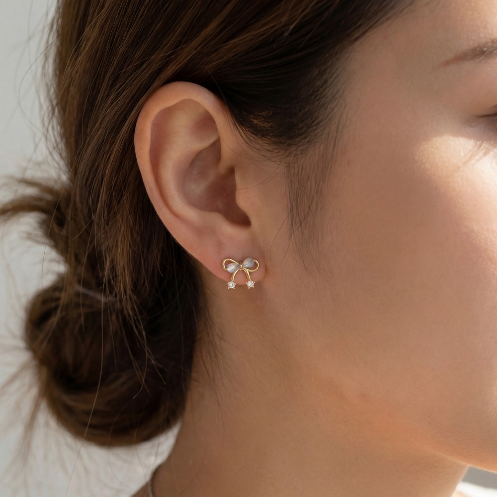 Gold Dipped Cz Mini Ribbon Bow Stud Earrings