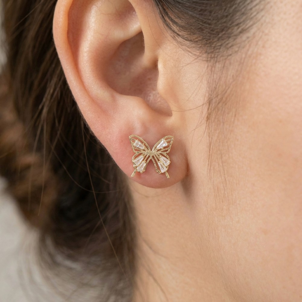 Cz Baguettes Butterfly Stud Earrings