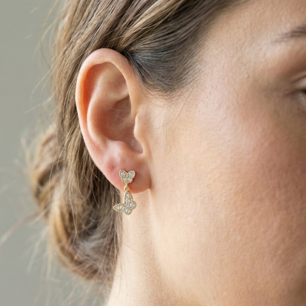 Cz Pave Double Butterfly Stud Dangle Earrings