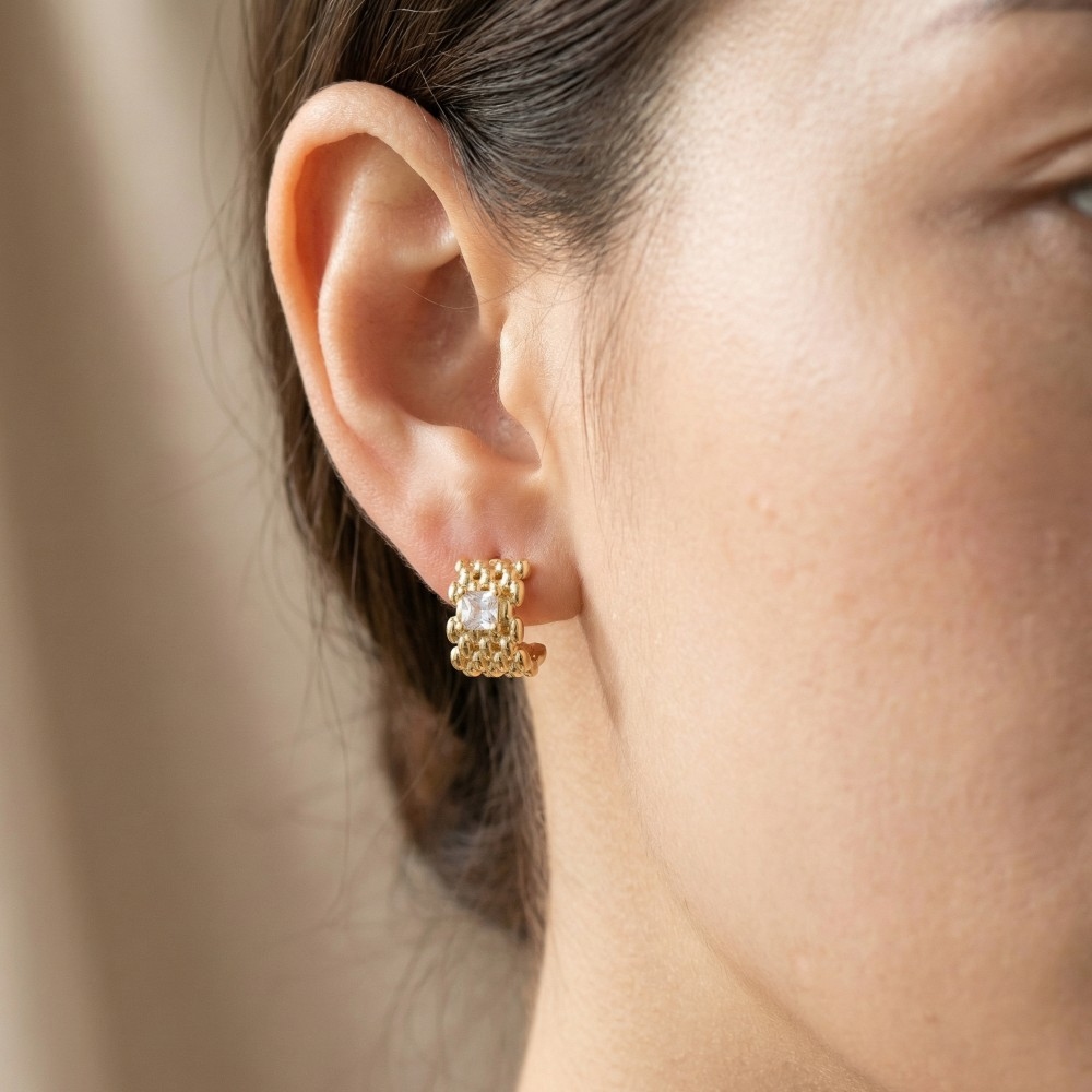 Square Cz Wide Solid Honeycomb Hoop Earrings