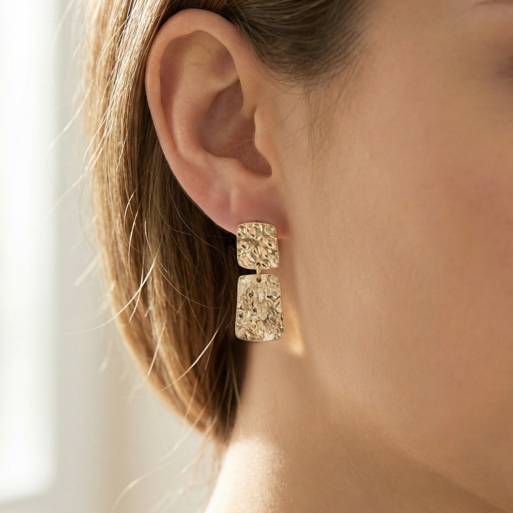 Flat Hammered Squares Stud Dangle Earrings