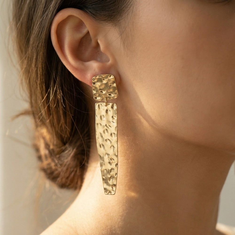 Hammered Long Rectangle Bar Dangle Earrings