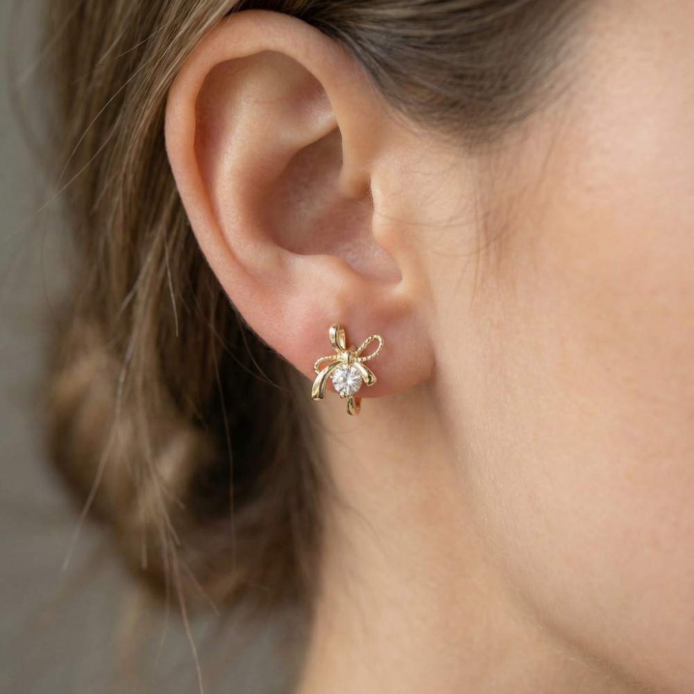 Cz Gem And Ribbon Bow Mini Hoop Earrings