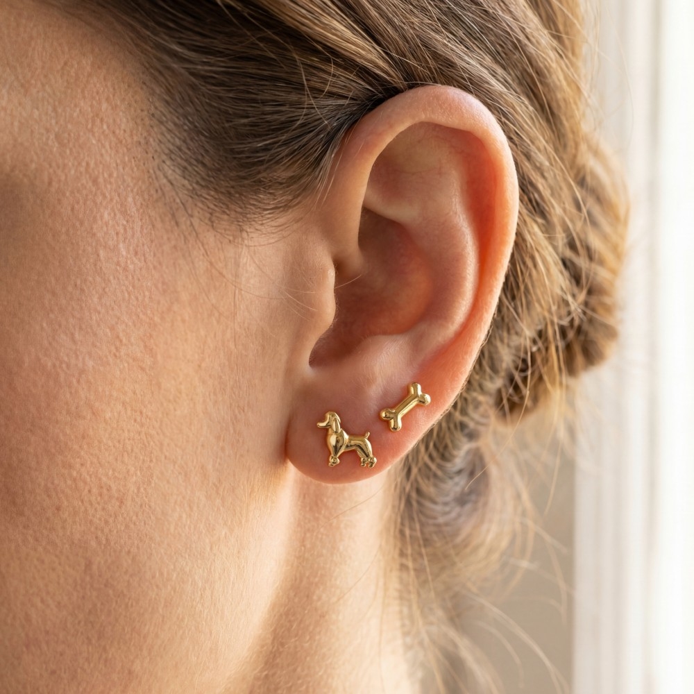 Gold Dipped Poodle And Bone Stud Earrings