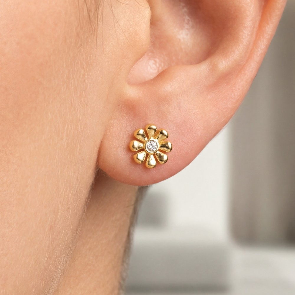 Gold Dipped Cz Mini Flower Stud Earrings
