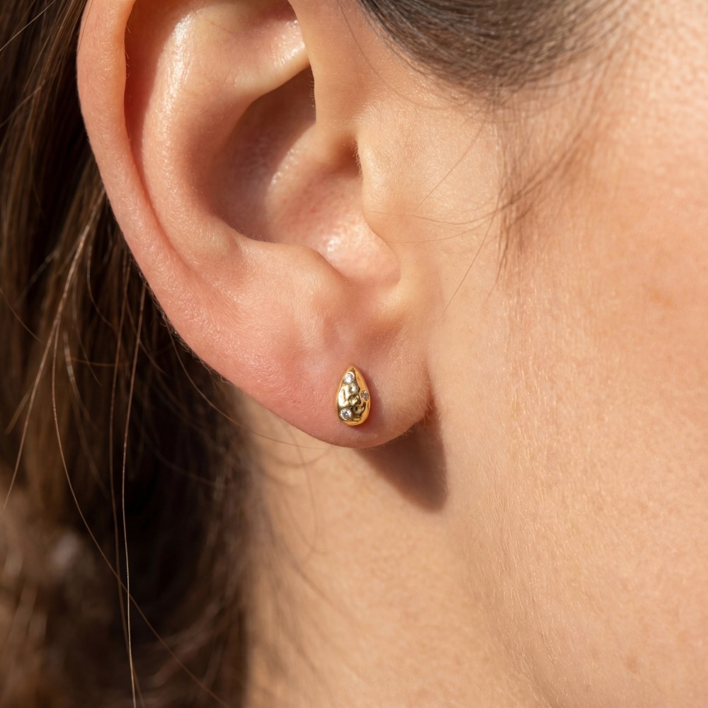 Gold Dipped Cz Studded Teardrop Stud Earrings
