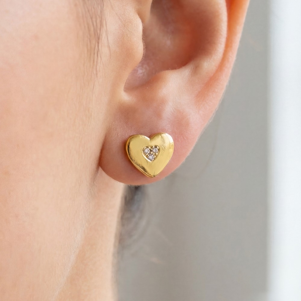 Gold Dipped Cz Heart Stud Earrings