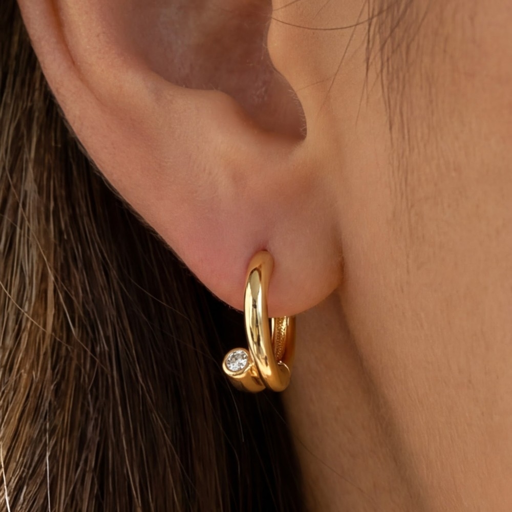 Gold Dipped Cz Stud End Hinge Hoop Earrings