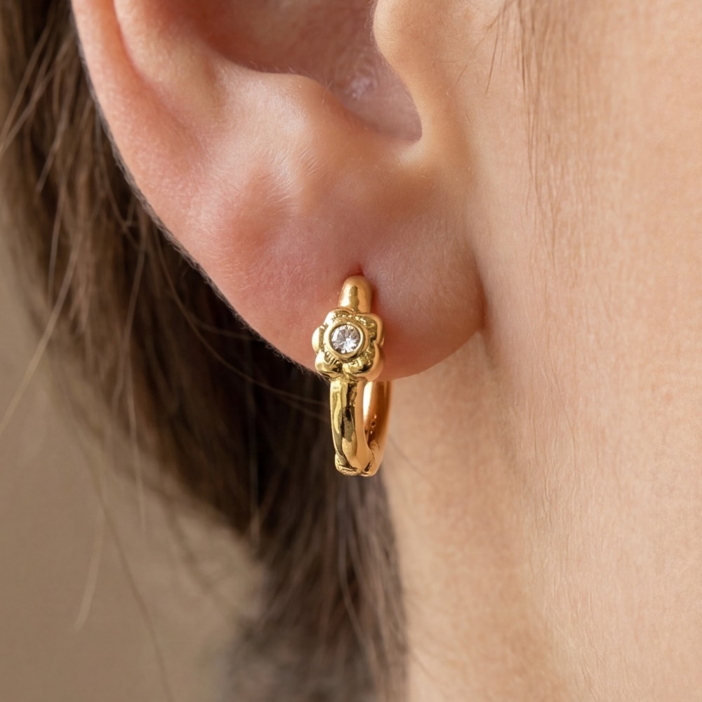 Gold Dipped Mini Cz Flower Hinge Hoop Earrings