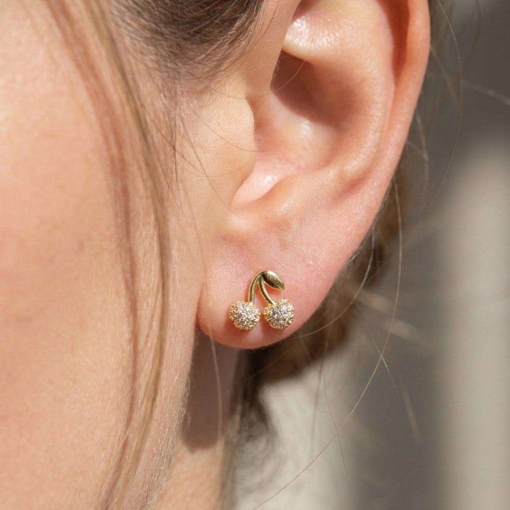 Gold Dipped Cz Pave Cherry Stud Earrings