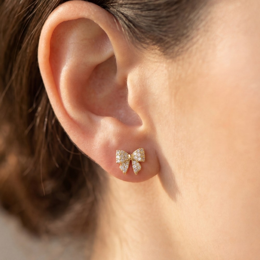 Gold Dipped Cz Pave Bow Ribbon Stud Earrings