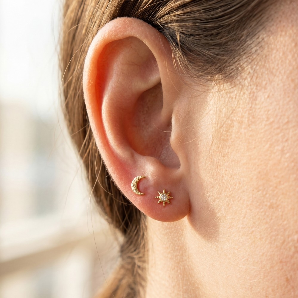 Gold Dipped Cz Moon And Sun Earrings Set