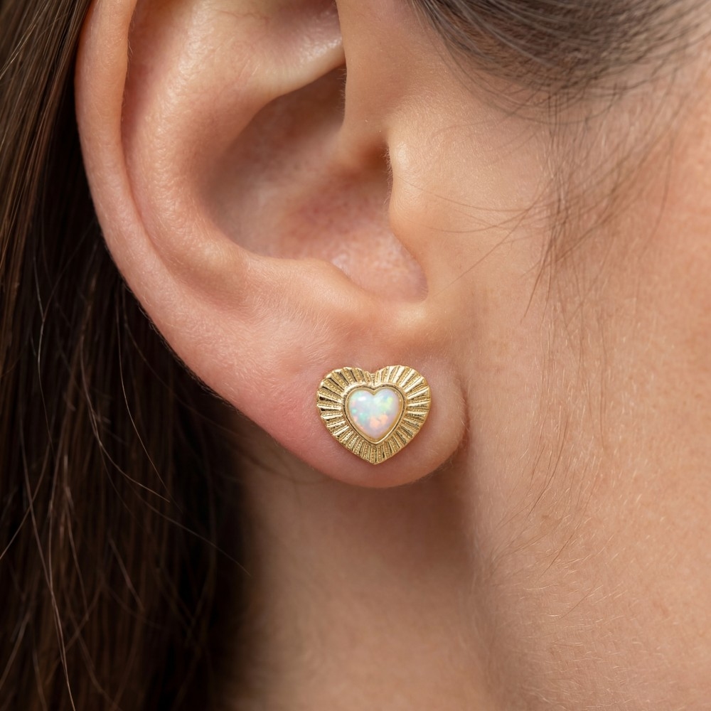 Gold Dipped Vintage Heart Opal Stud Earrings
