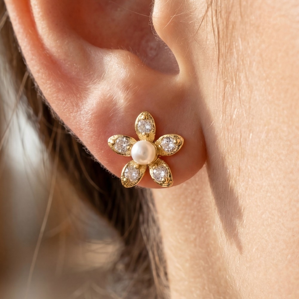 Gold Dipped Cz Pave And Pearl Flower Stud Earrings